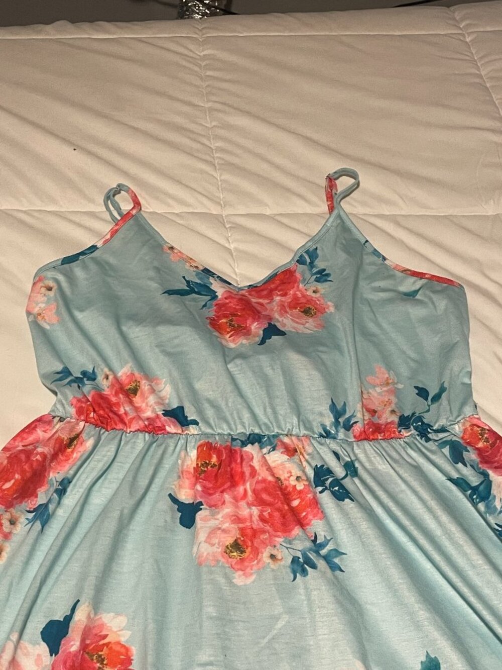 Light Blue Floral Summer Dress – Adjustable Straps, Open Tie Back (Size XL)